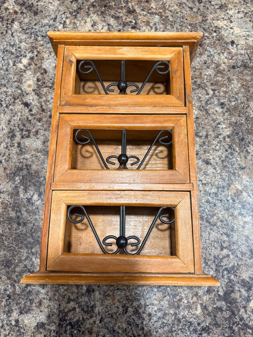 Wooden 3-Drawer Wall Decor with Black Scroll Accents - Natural Brown